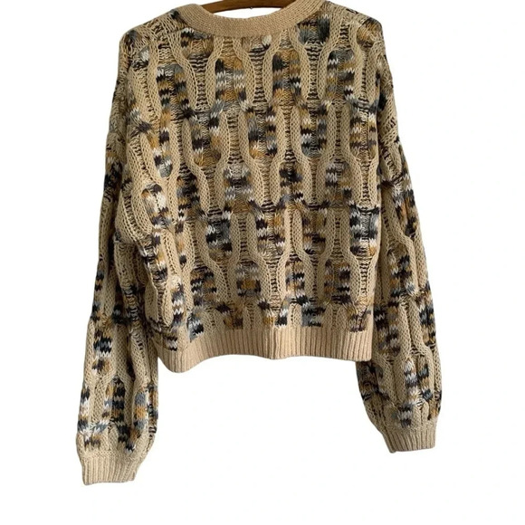 Gilded Intent Cable Knit Cardigan Sweater Cream Blue Camel Tones Size Small - Picture 6 of 12